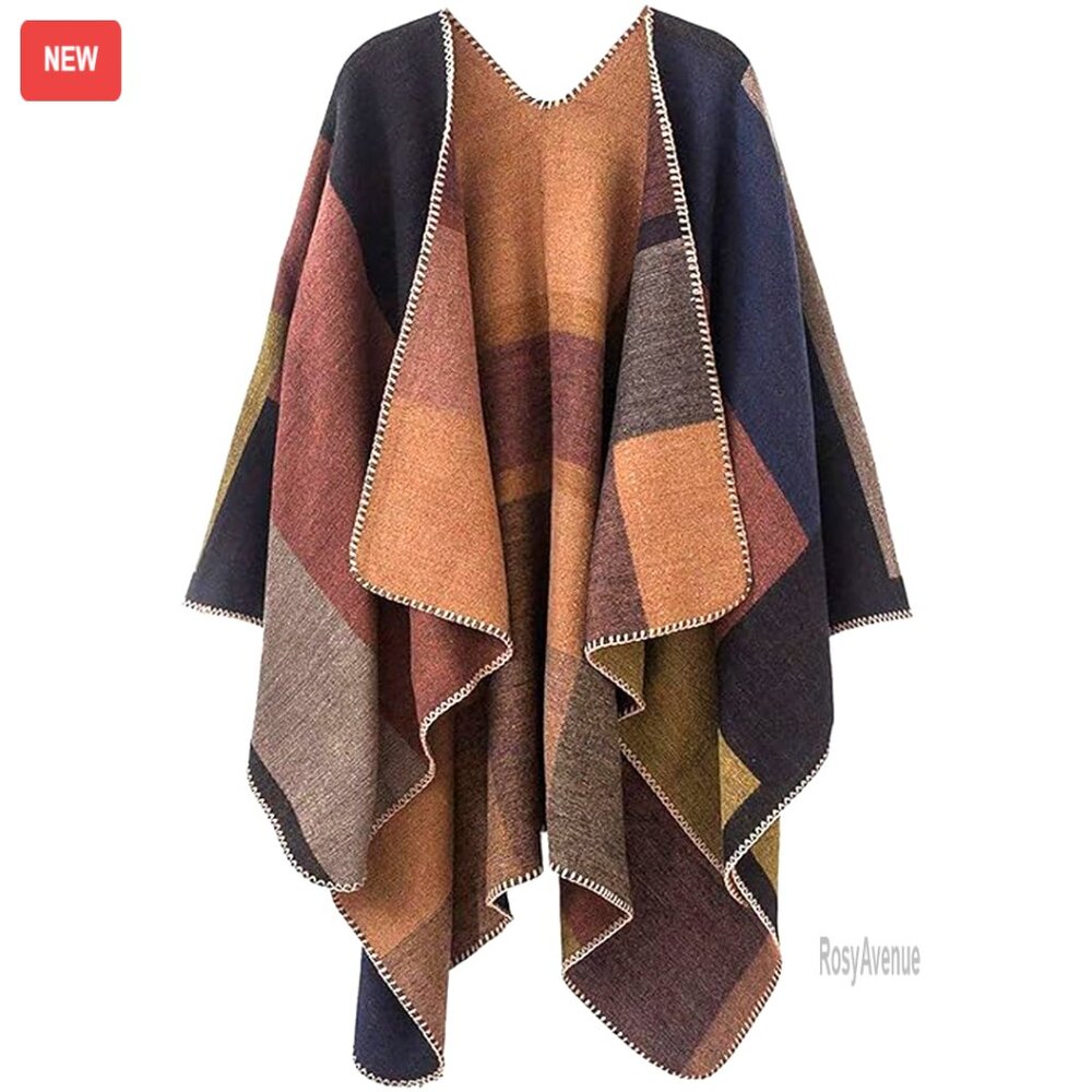 Oversized Reversible Poncho Shawl Soft Polyester Acrylic Blend One Size Fits